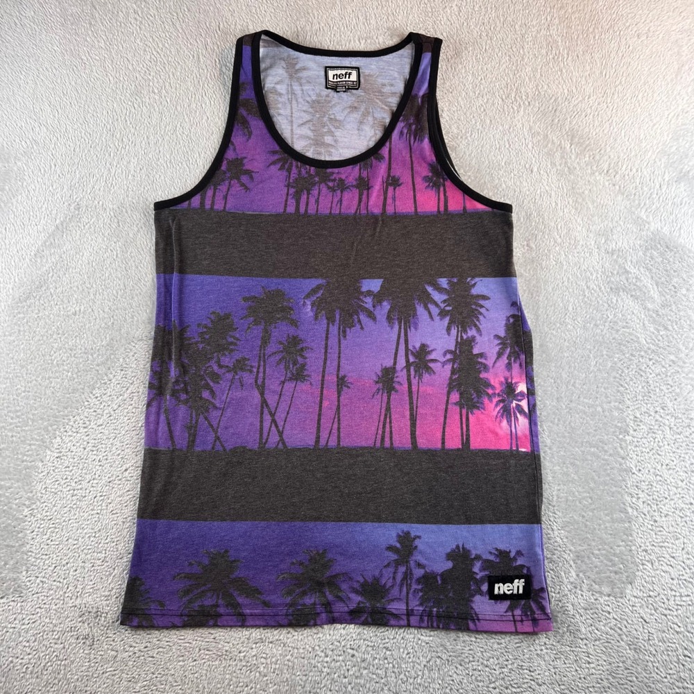 Neff Tank Top Mens M Purple Pink Sunset Palm Tree Graphic Striped Sleeveless